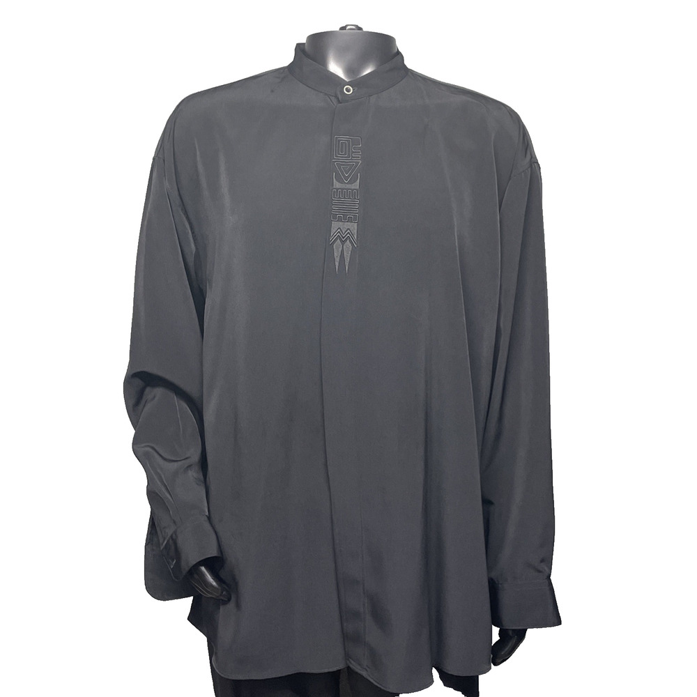 Jordan Craig Mens XL 17-17.5 Black Band Mandarin Collar Long Sleeve Embroidered
